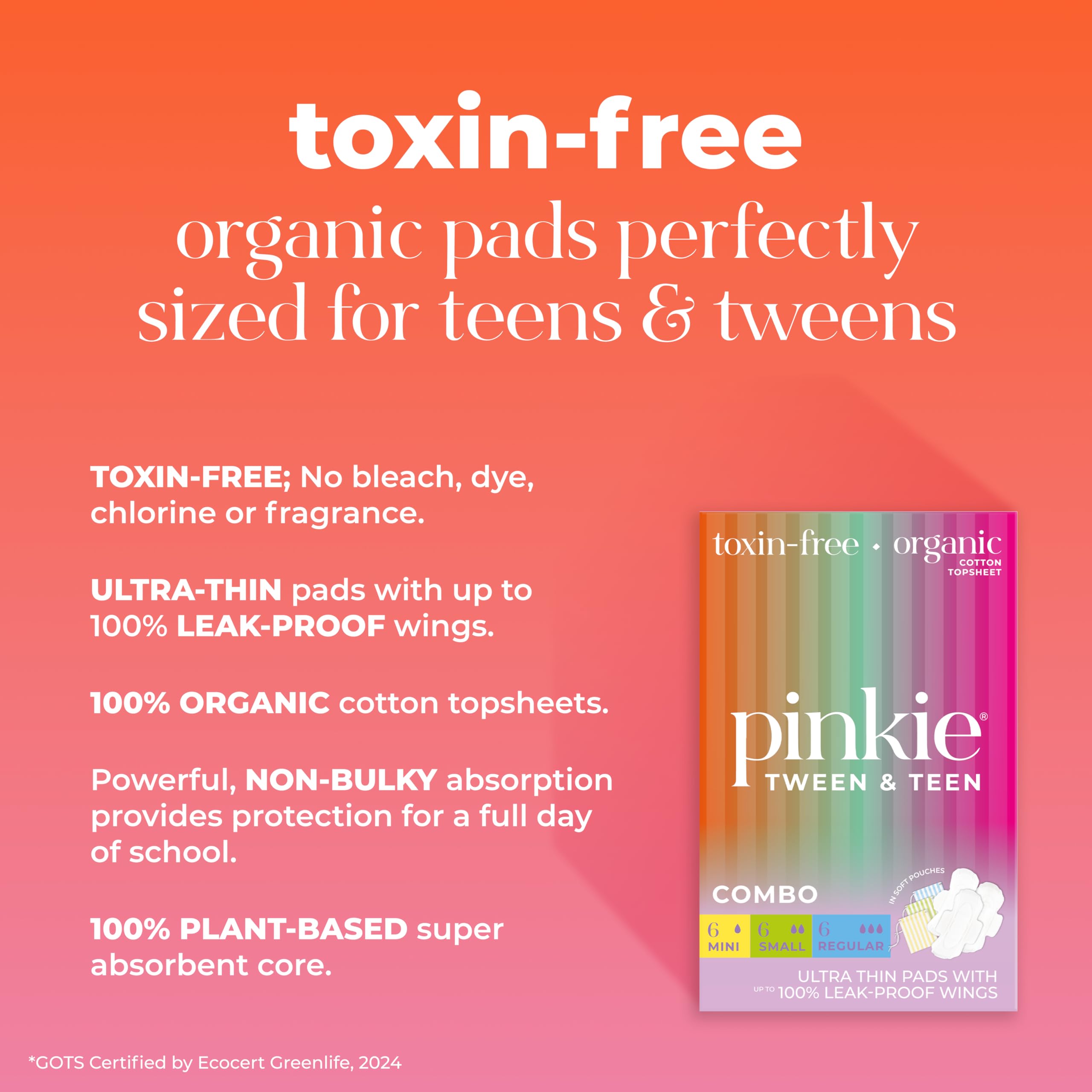 Pinkie First Period Prep Bundle - Combo Pack + Pouch - Includes 22 Organic Cotton Topsheet Pads - Mini, Small and Regular Size Pads with Wings - Period Travel Kit - Fragrance and Chlorine-Free