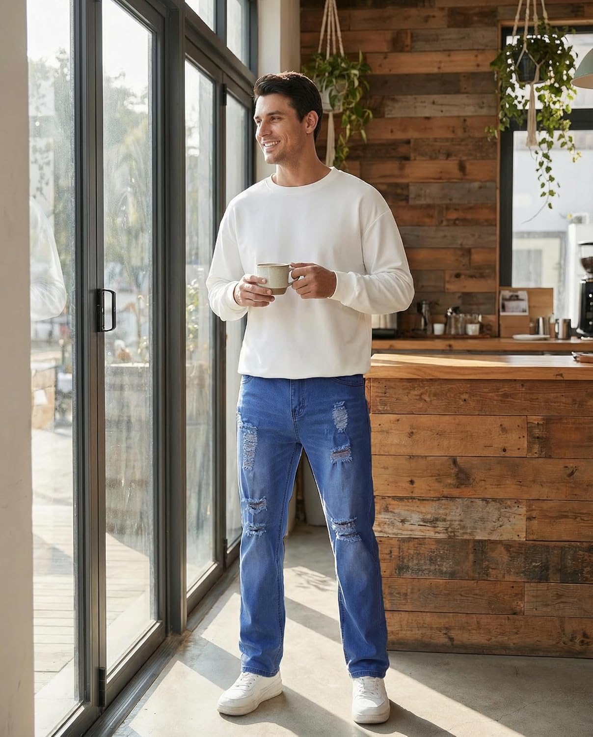 Boncun Men's Slim Fit Stretch Jeans – Comfort Flex Denim Destroyed Ripped Skinny Jeans Side Striped Denim Pants - Image 3