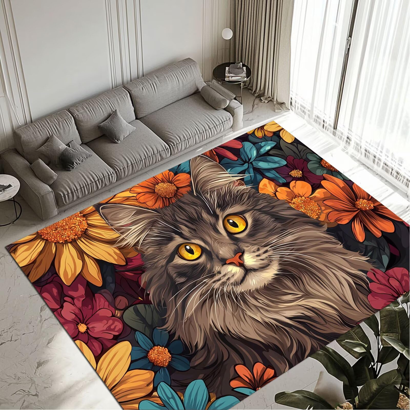 Tapis de salon chat 120x170cm lavable pour décorer une chambre d'adulte chaleureuse