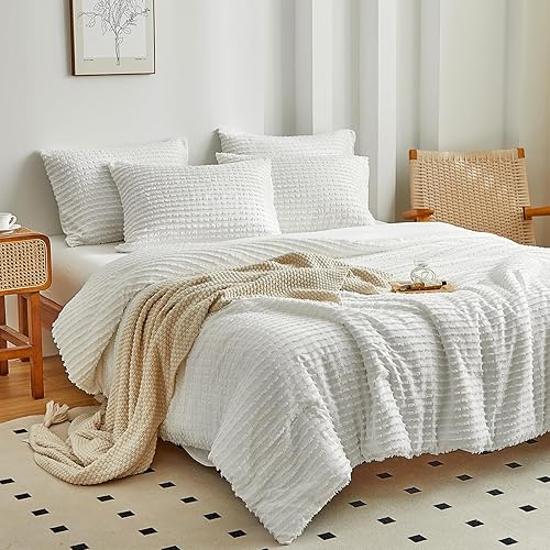 Miniatura 2 de WARMDERN Juego de edredón tamaño King, edredón blanco bohemio a rayas, edredón ligero de microfibra alternativa al plumón, juego de ropa de cama