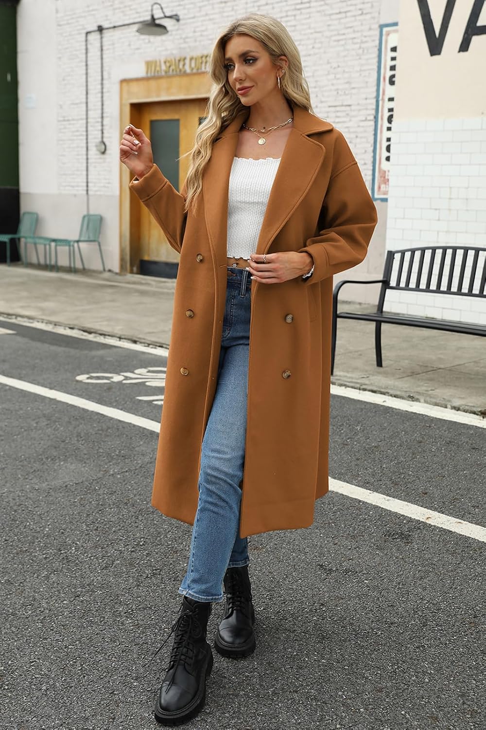 BZB Women's Long Coat Notched Lapel Collar Double Breasted Pea Coat Winter Elegant Wool Blend Over Coats Jackets - Image 7