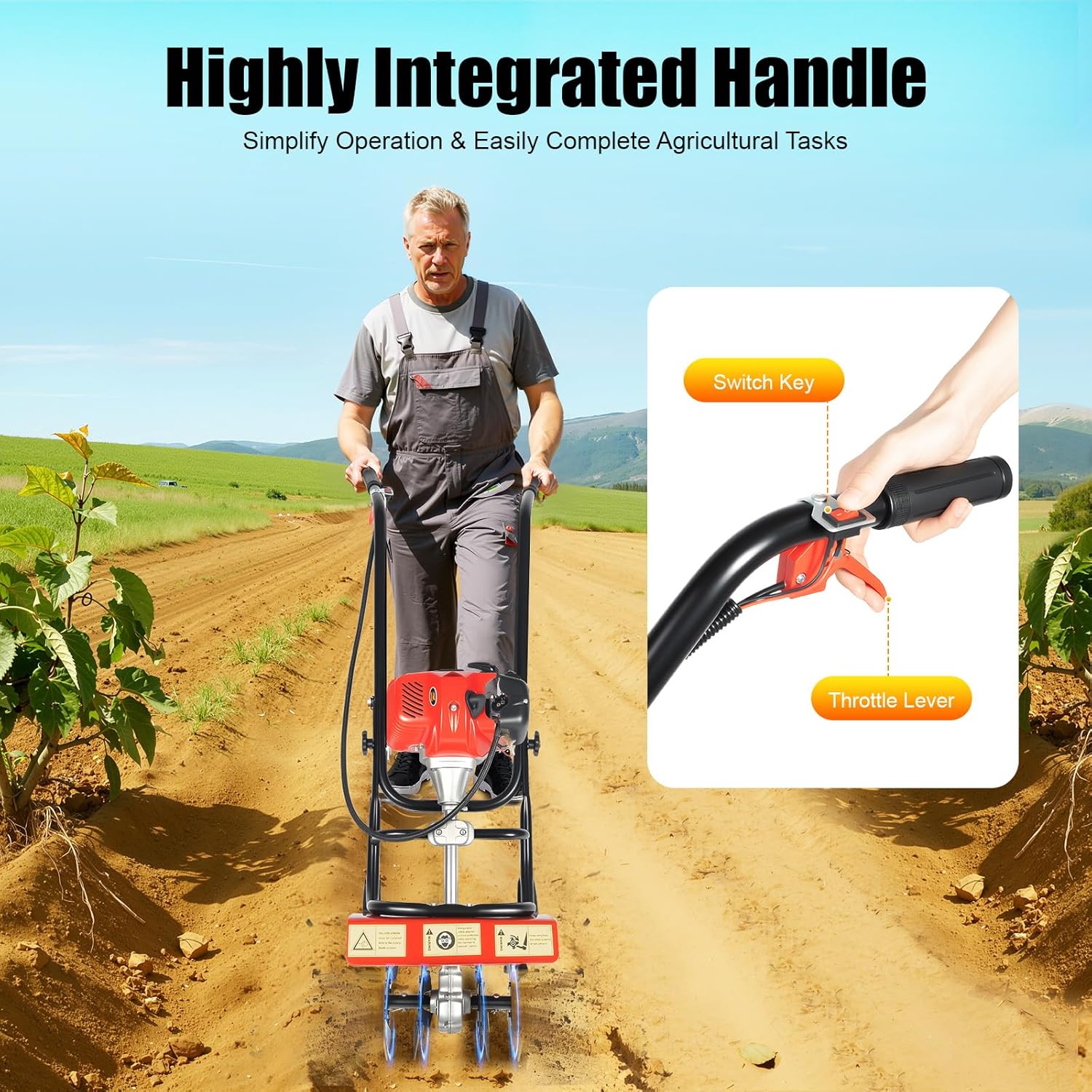 52cc 2 Stroke Commercial Tiller Gas Powered Tiller Soil Cultivator, Mini Tiller Cultivator Garden Tiller Gas Powered Hand Rotary Cultivator Rototiller Garden Tool with Long Handle for Soil Cultivation