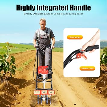 52cc Gas Power Garden Tiller Cultivator, 2-Stroke Mini Gasoline Tiller Hand Rotary Cultivator Garden Tool 0.2gal 14.17in Width Farmyard Rototiller for Sandy Land Loose Soil