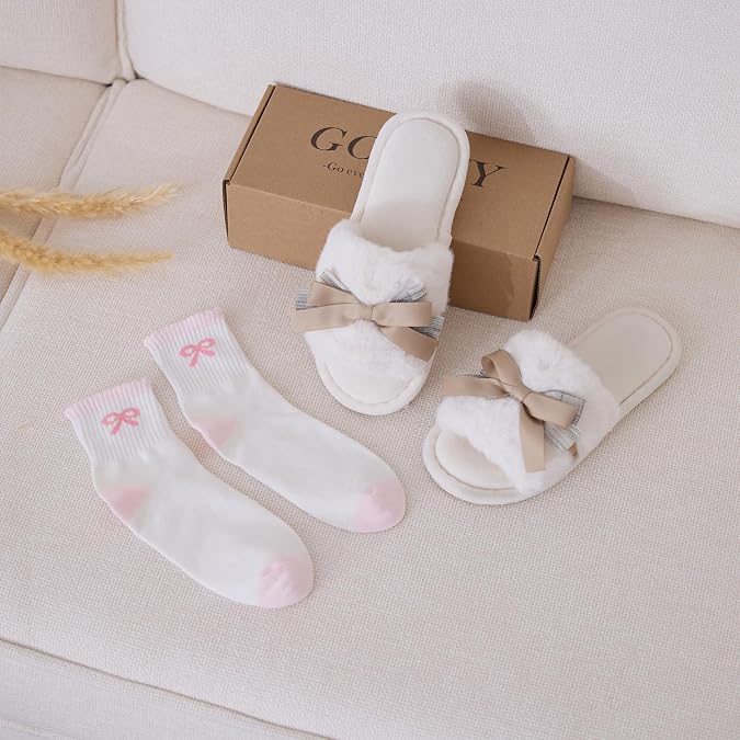 GOEWY Fuzzy Cute Bow Slippers for Women with Memory Foam Best Gifts
