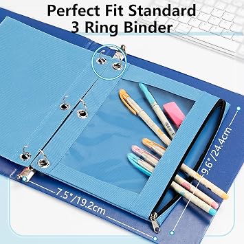 Forvencer Pencil Pouch for 3 Ring Binder, Clear Window Pencil Case with Smooth Zipper, Big Capacity 3 Ring Binder Pencil Bag with 3 Reinforced Grommets, Azure Blue