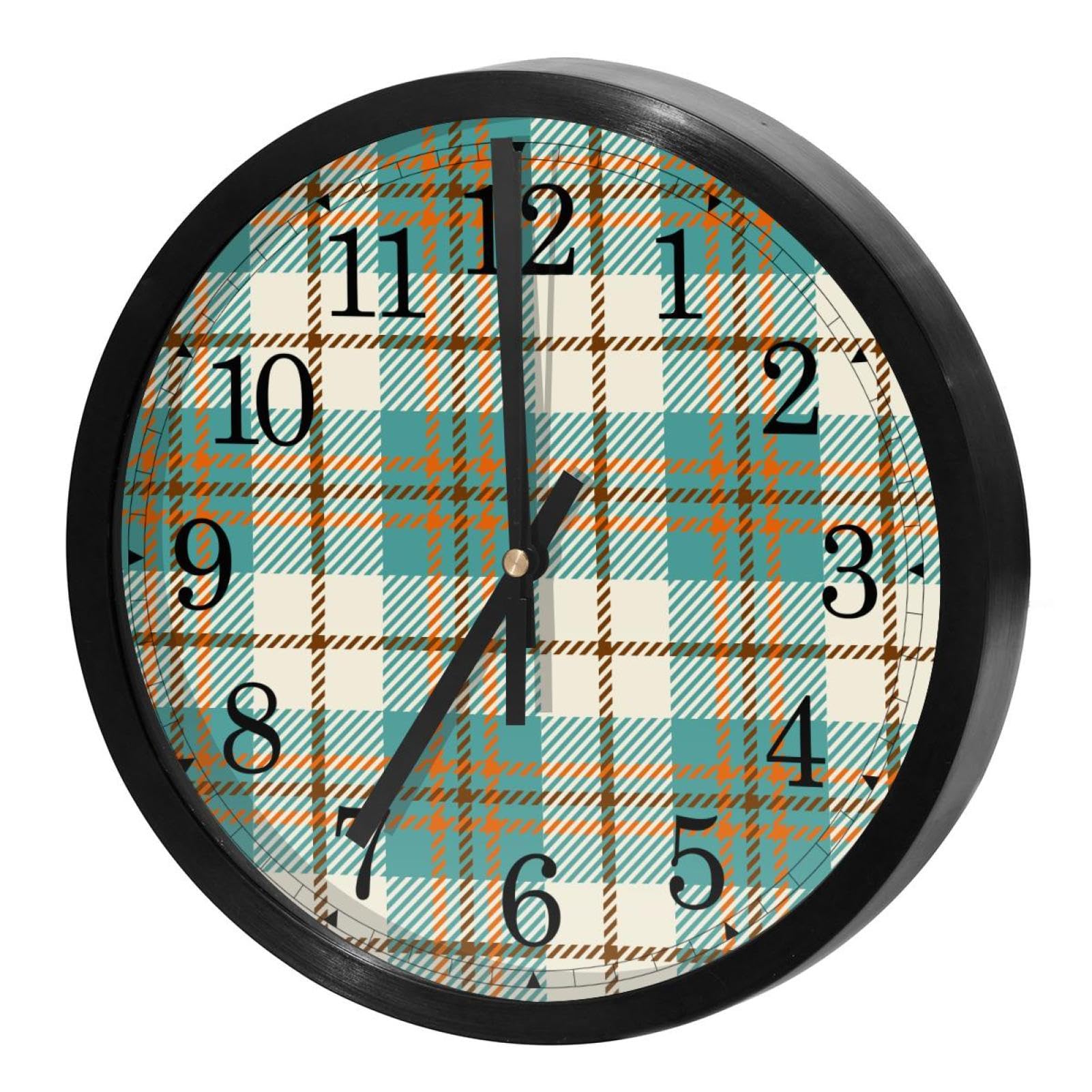 Horloge murale ronde motif tartan vert pour cuisine et salon cosy