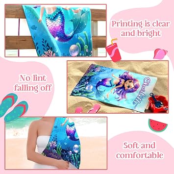 Personalized Beach Towel for Kids Adults with Name | Microfiber Lightweight Thin Towel | Mermaid Beach Towels for Girls | Quick Dry Custom Beach Towel | Sand Free Pool Towels for Beach Travel Pool