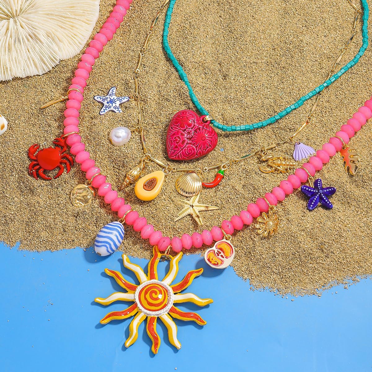 Bohemian Beaded Necklace for Women, Sun Sea Star Crab Shell Heart Pendant Necklace, Multichain Sea Life Jewelry Beach Gift for Party Summer Daily Wear - Image 4