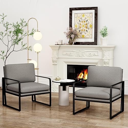 Miniatura 1 de Andeworld Juego de 2 sillas decorativas modernas, de mediados de siglo, sofá tapizado de lino con patas de metal para leer, descansar, apartamento