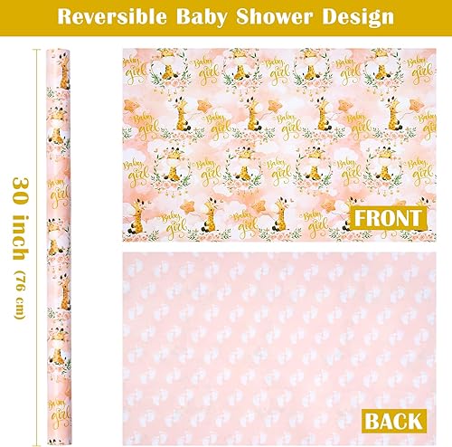Miniatura 3 de WRAPAHOLIC Rollo de papel de regalo reversible jumbo de 30 pulgadas para niña, 30 pulgadas x 33 pies, diseño de jirafa y huellas de bebé, para baby
