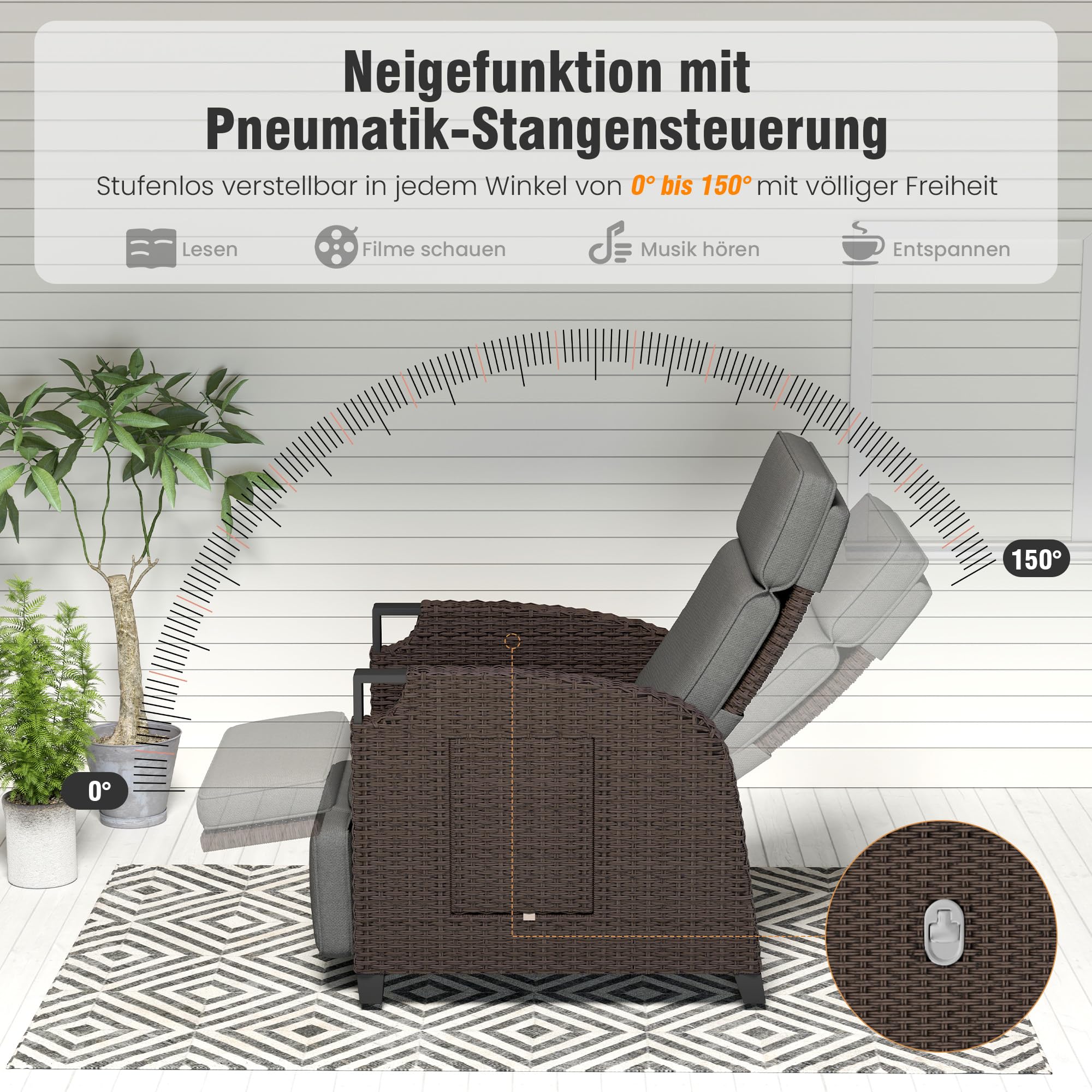 Amopatio Relaxliege Liegesessel, Rattan Sonnenliege mit Verstellbar Rückenlehne und Klapptisch, Outdoor Gartensessel Wetterfestes für Terrasse, Garten, Balkon, Grau & Dunkelbraun