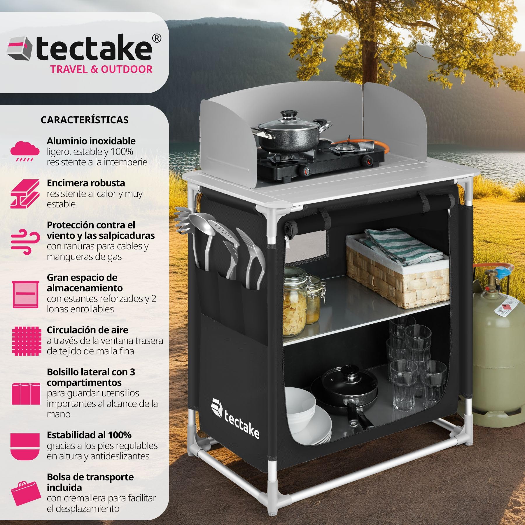 TecTake® Cocina de Camping Plegable, Ligera, con Bolsa de Transporte, Accesorios de Cocina, Mesa Plegable Camping, Armario Cocina Camping, Mueble Cocina Camping, Mesa de Camping