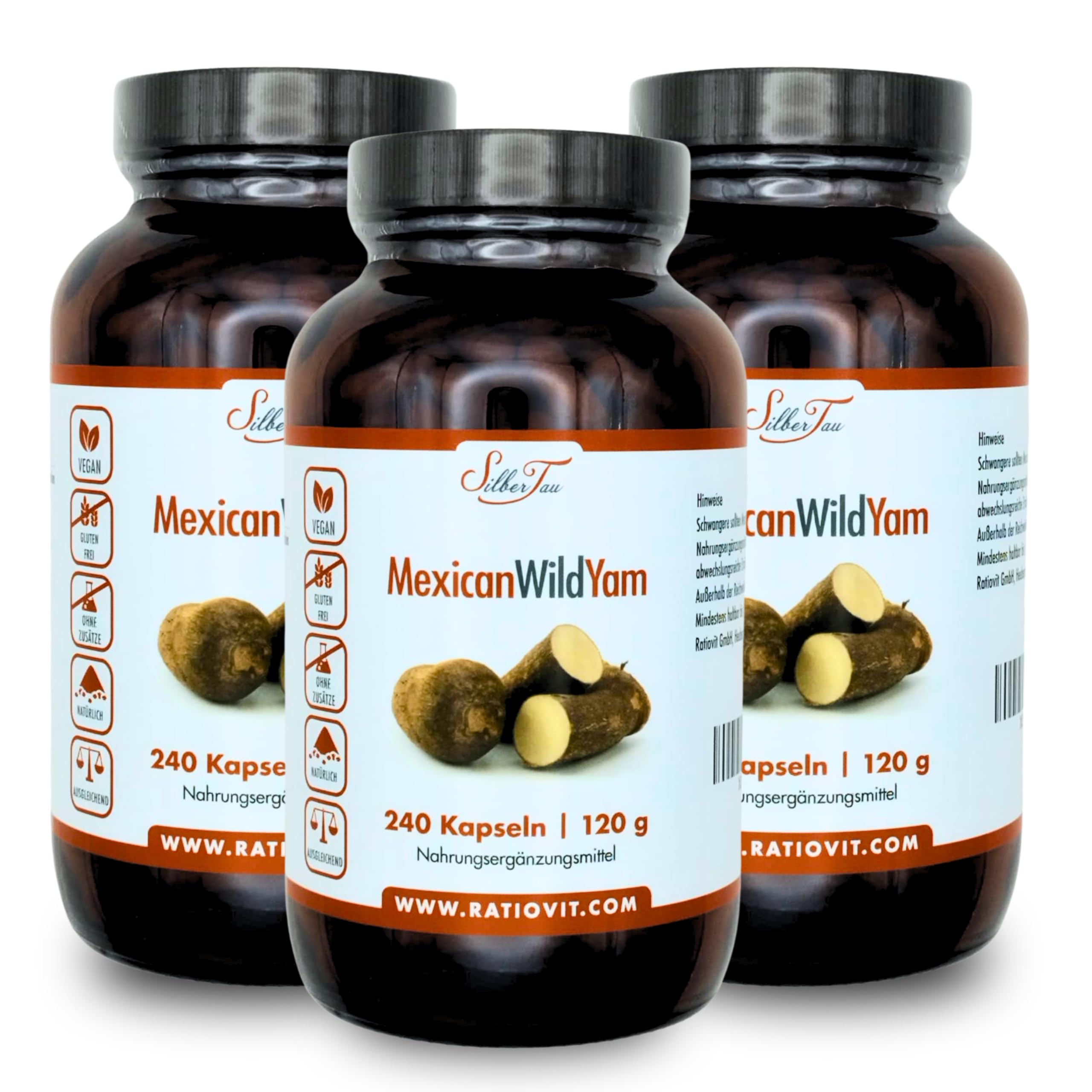 Mexican Wild Yam Wurzel Kur – 3 Dosen à 240 vegane Kapseln – reines Yamswurzelpulver – kein Extrakt – ohne Zusatzstoffe – Dioscorea villosa – glutenfrei & laktosefrei