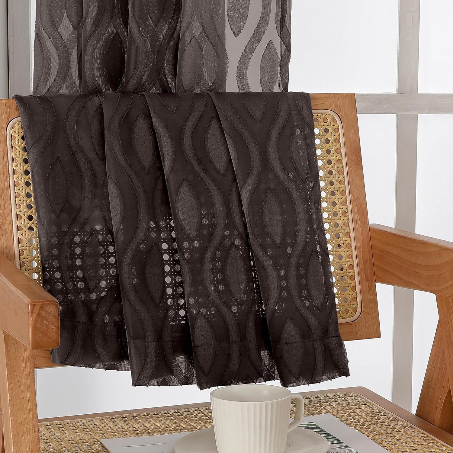 Aiyufeng Brown Valance Curtains 14 Inch Length, Chic Wavy Line Clip Jacquard Sheer Curtains for Basement Bathroom, Lightweight Solid Rod Pocket Small Window Curtains, 2 PCS, 40Wx14L Inch