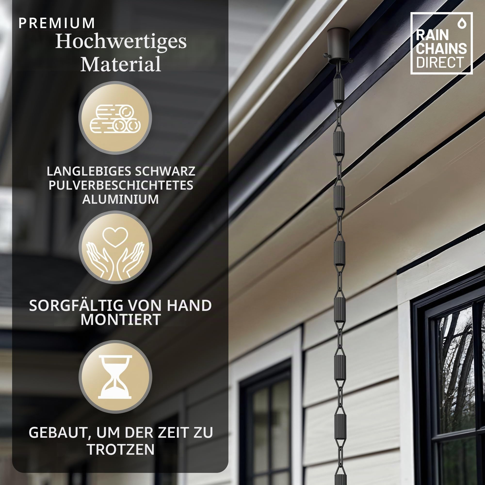 Manicotti Rain Chains Direct, Wasserablaufkette, langlebiges, schwarzes, pulverbeschichtetes Aluminium, Premium-Wasserablaufkette für Dachrinnen, 2,6 m