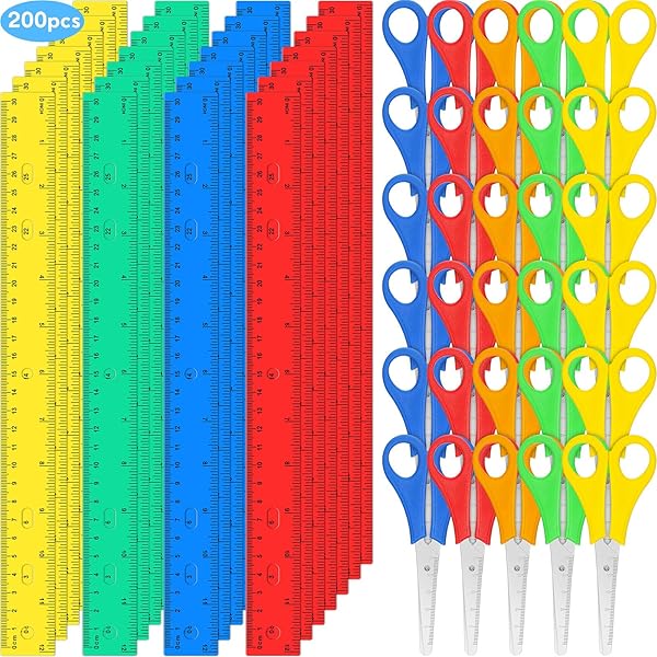 PerKoop 200 Pcs School Supplies with 100 Pcs Safety Blunt Tip Student Scissors 100 Pcs 12 Inch Plastic Rulers Back to School Supply Kit for Operation Christmas Charity Donation Supplies (Bright Color)