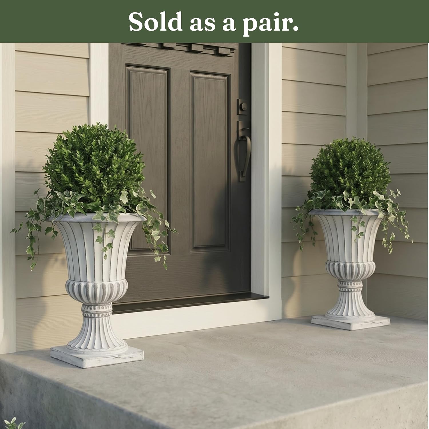 urn planters 22", set of 2, tall stone-resin pedestal planters for outdoor plants, large front porch decor, patio garden pots, outdoor urns for entryway, porch & deck, white plant pot weathered white