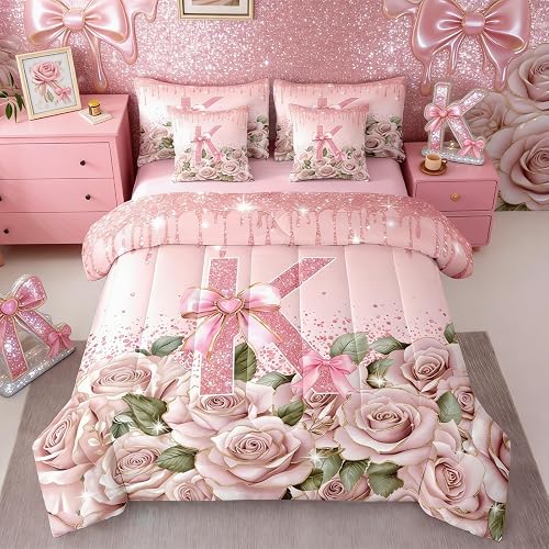 Pink Bow Bed in a Bag Queen Comforter Set 7-Piece, Personalized Initial Letter K