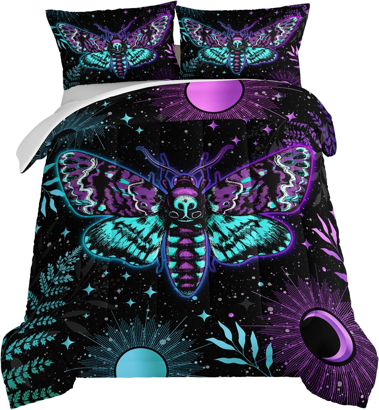 HOSIMA Death Moth Aesthetic Comforter Sets Queen,Sun and Moon Blue Purple Moth Pattern Bedding Sets Queen Size for Girls Boys Room Decor,Ultra Soft Kids Comforter Set with 2 Pillowcases.