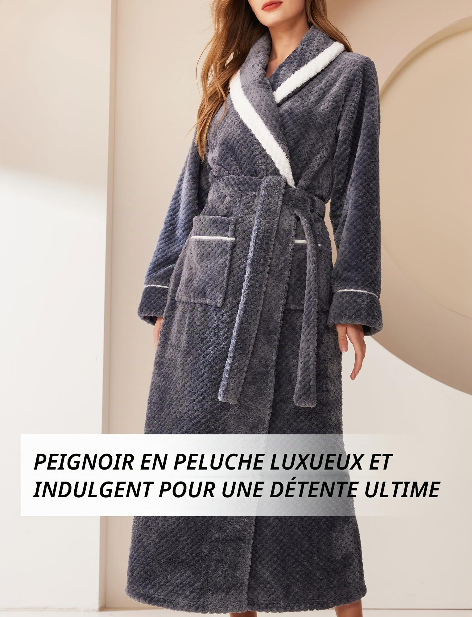 Maeau Peignoir de Bain Long Femme Épais Chaud Carreaux Ananas Automne Hiver | M XL 3XL, Col revers bordé blanc, Ceinture ajustable, Grande poche, Flanelle douce absorbante, pour bain et détente maison