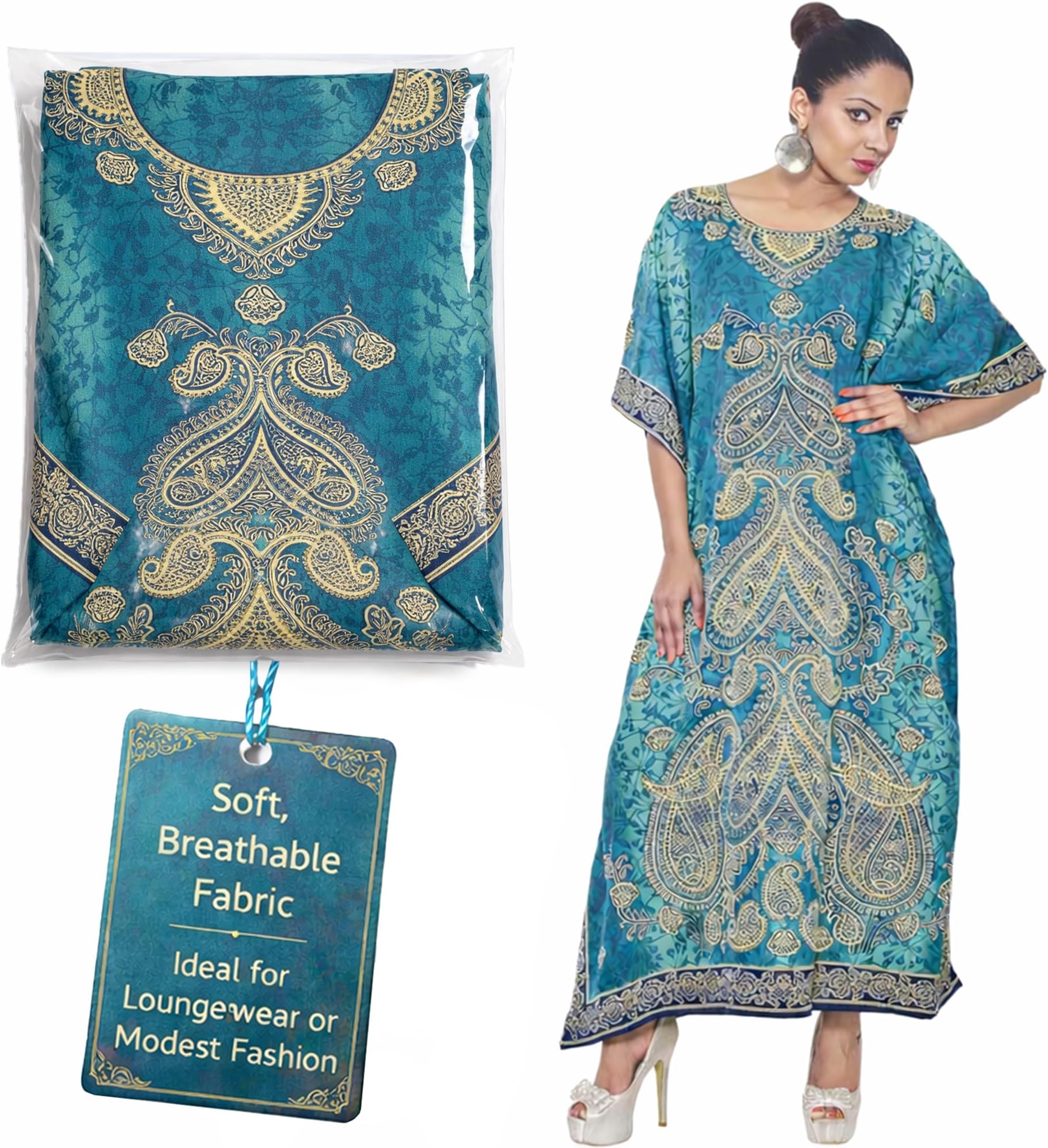 Plus Size Kaftan Long Maxi Kimono for Women, 52" Length, 3/4 Sleeves, Kaftan Nightgown for Women