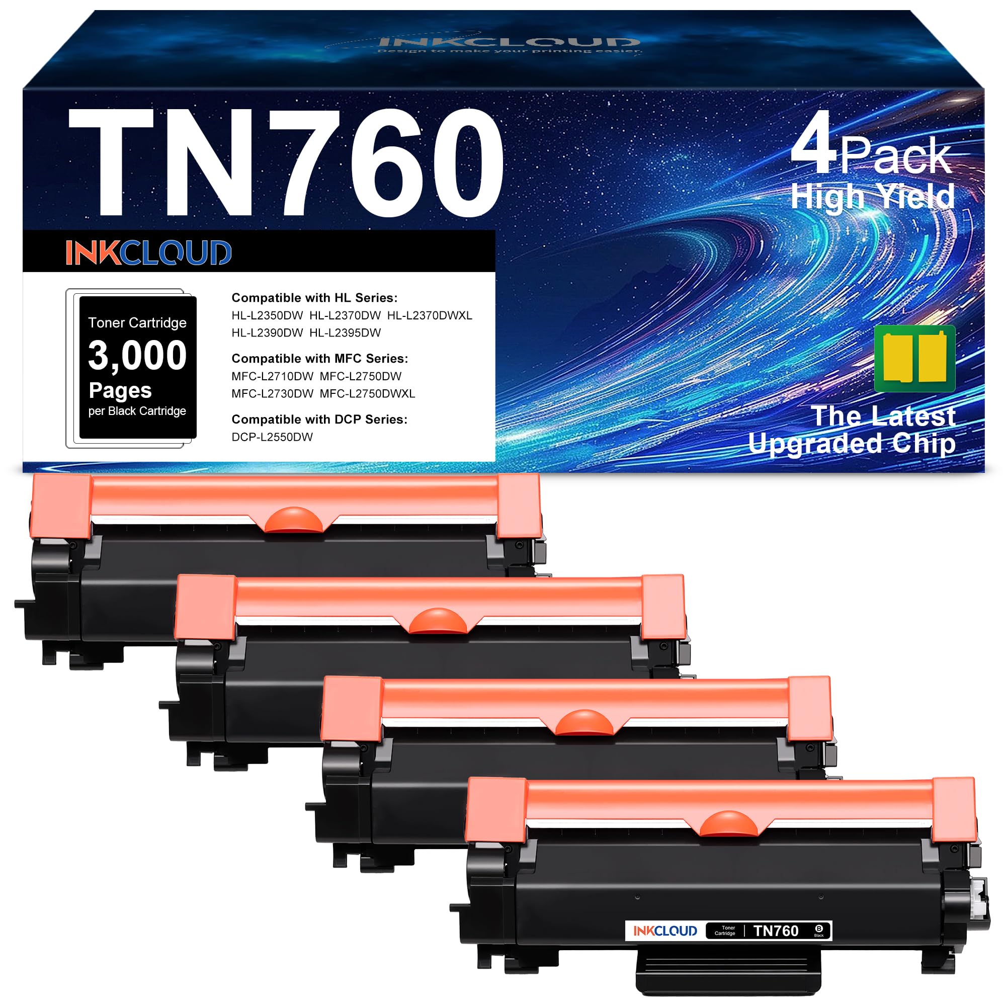 TN760 TN730 Replacement for Brother TN760 TN730 4PK Black Toner Cartridges | Used to Brother HL-L2350DW MFC-L2710DW HL-L2370DW MFC-L2750DW XL HL-L2390DW DCP-L2550DW HL-L2395DW Printer - High Yield Page TN760 4PK