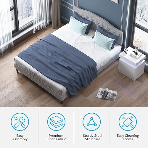 Miniatura 6 de Mjkone Base de cama tamaño King con cabecera ajustable, marco de cama tapizado con diseño capitoné con botones, no necesita somier, base de cama