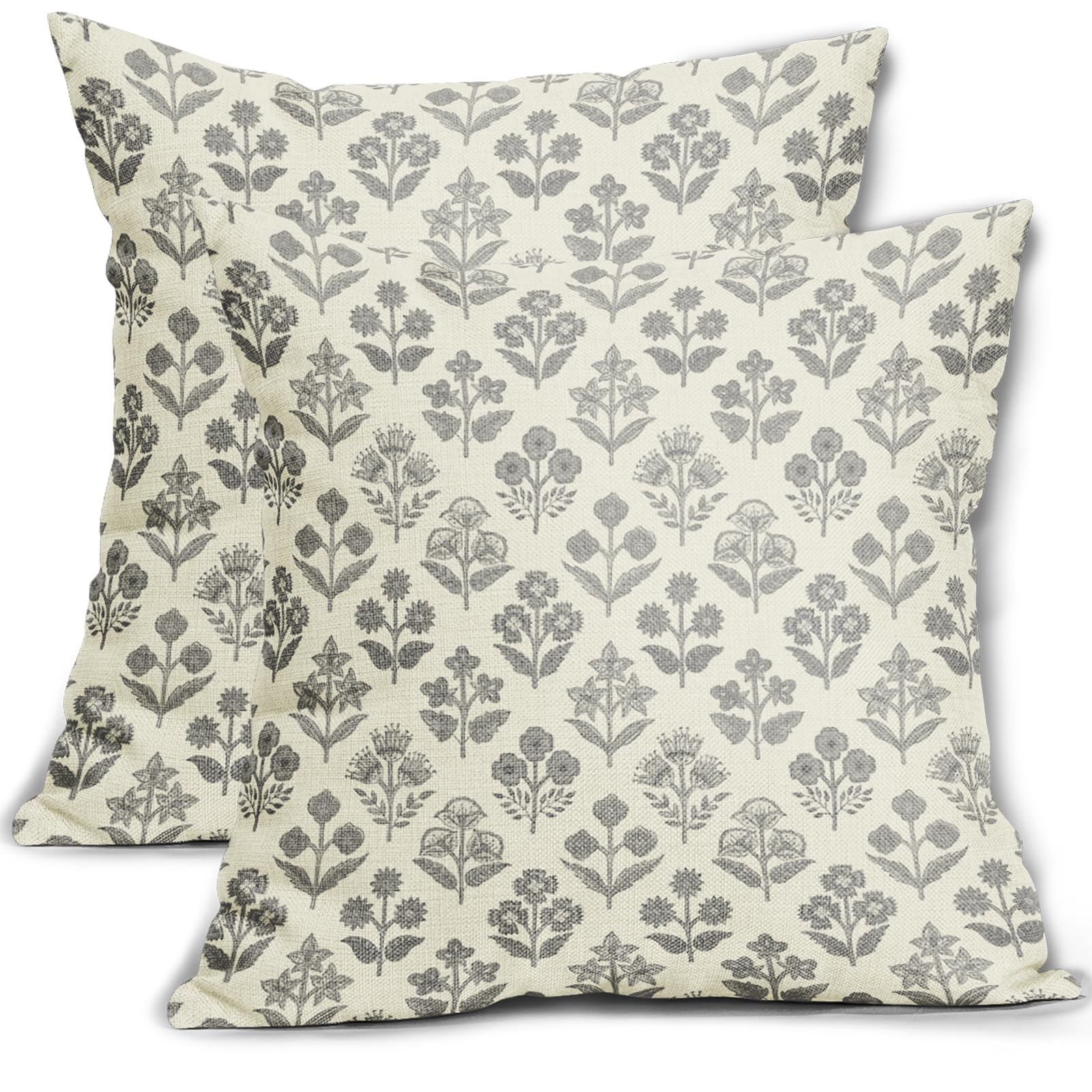 Sivirary Grey Gray Floral Pillow Covers 22x22 Inch Set of 2, Vintage Flower Block Print Pattern Decorative Throw Pillowcases Outdoor Farmhouse Cushion