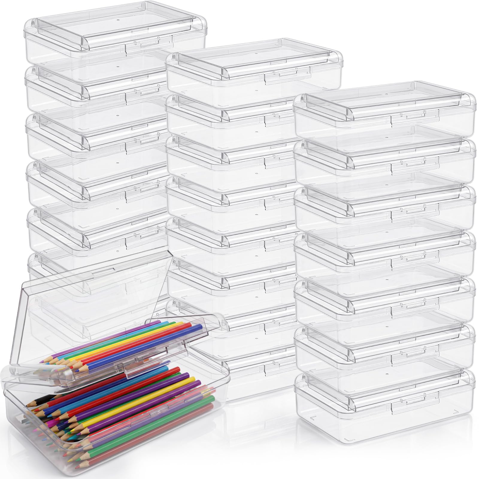 Blulu Confezione da 25 astucci a doppio strato, 20 x 12,4 x 5,8 cm, in plastica, con coperchio a scatto, design impilabile, per scuola, ufficio, organizzazione (trasparente)