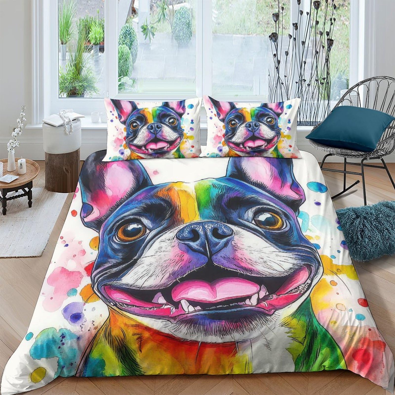 TUFRTGYHN 3D Printed Colorful French Bulldog Duvet Cover Microfiber Soft Vibrant Dog Quilt Cover Set with 2 Pillowcases for Bedroom Decor Single（135x200cm）