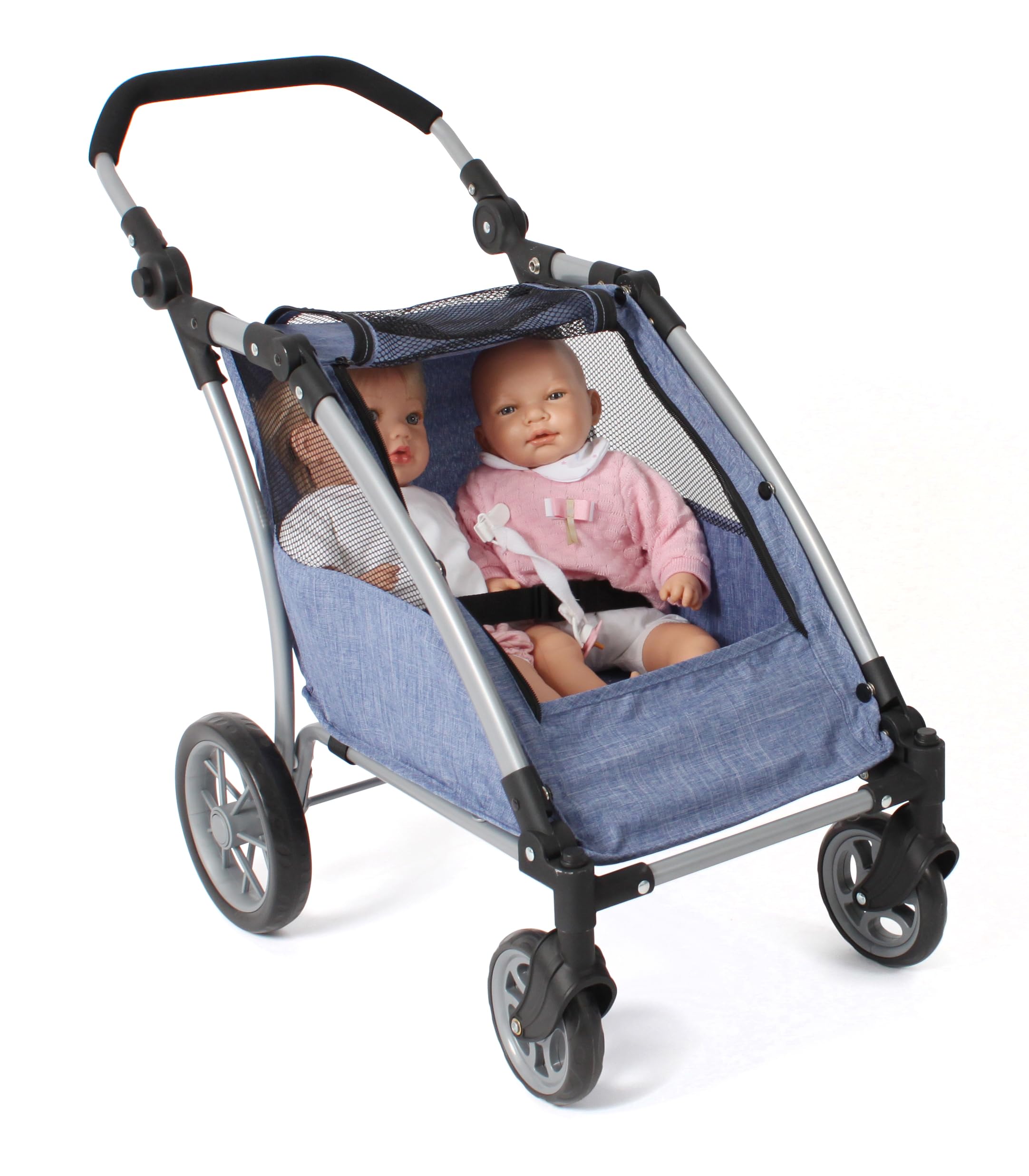Bayer Chic 2000 Roadster | Zwillings-Puppenwagen Jeans Blue | Verstellbar, 72 x 40 x 64 cm | Sportlicher Puppentrailer für 2 Puppen (bis 46 cm). Höhenverstellbarer Schieber (33–71 cm). Jeans Blue. Robust & Chic.