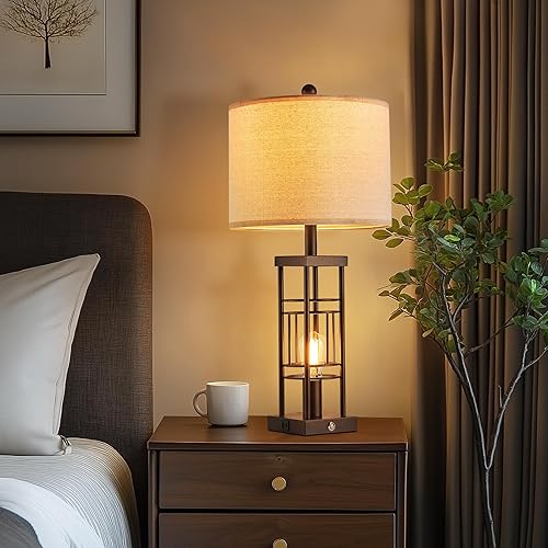 Miniatura 4 de Juego de 2 lámparas de mesa de granja de 29 pulgadas con puertos USB, lámpara de mesa alta con 2 bombillas de luz nocturna, lámpara de noche de