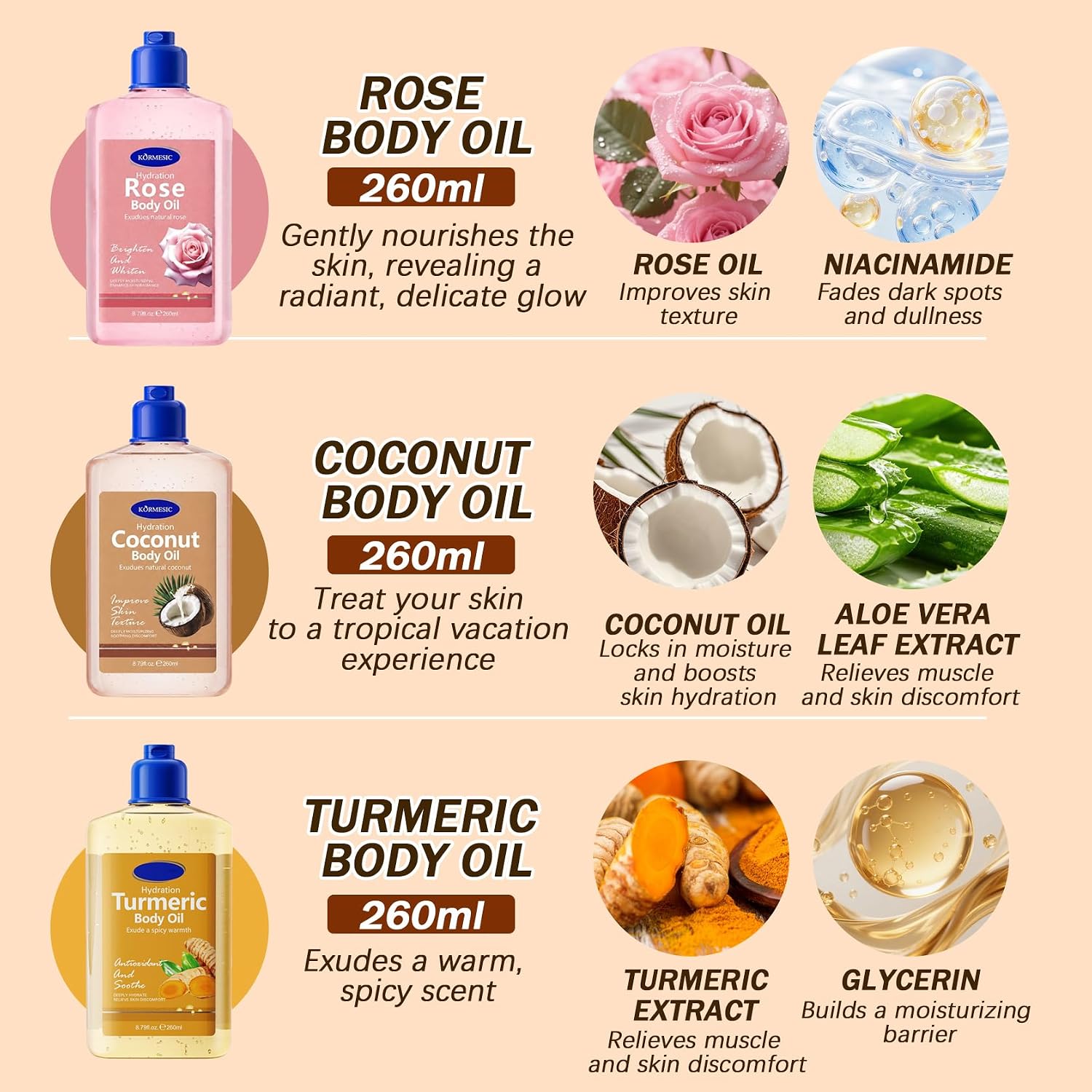 3PCS Massage Oil for Massage Therapy,After Shower Body Oil for Women Men | Coconut rose turmeric,non-greasy,lightweight,refreshing and relaxing,natural scent,deep moisturizing,all skin types