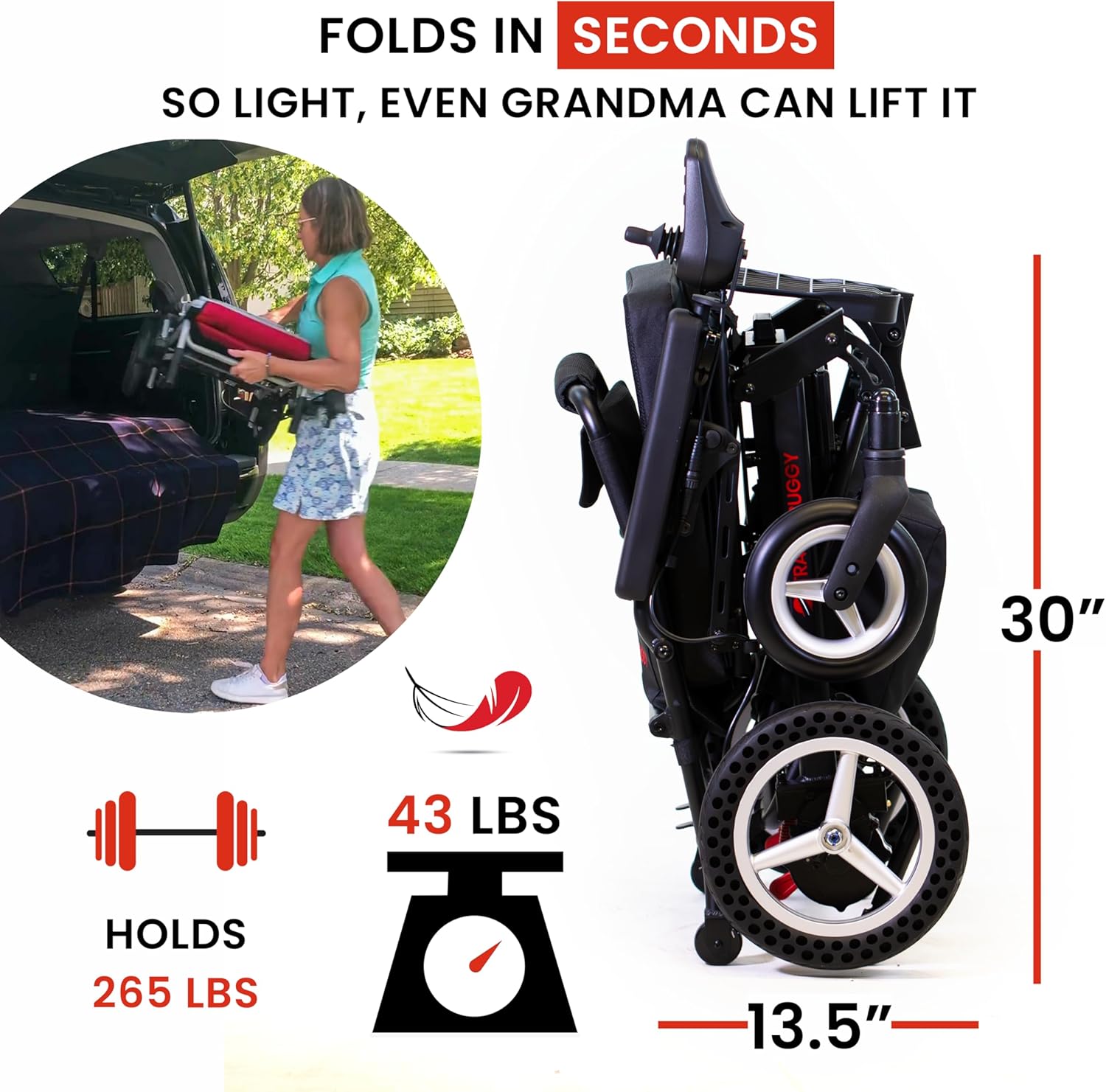 Travel Buggy Dash Electric Wheelchair folded, showing dimensions and weight