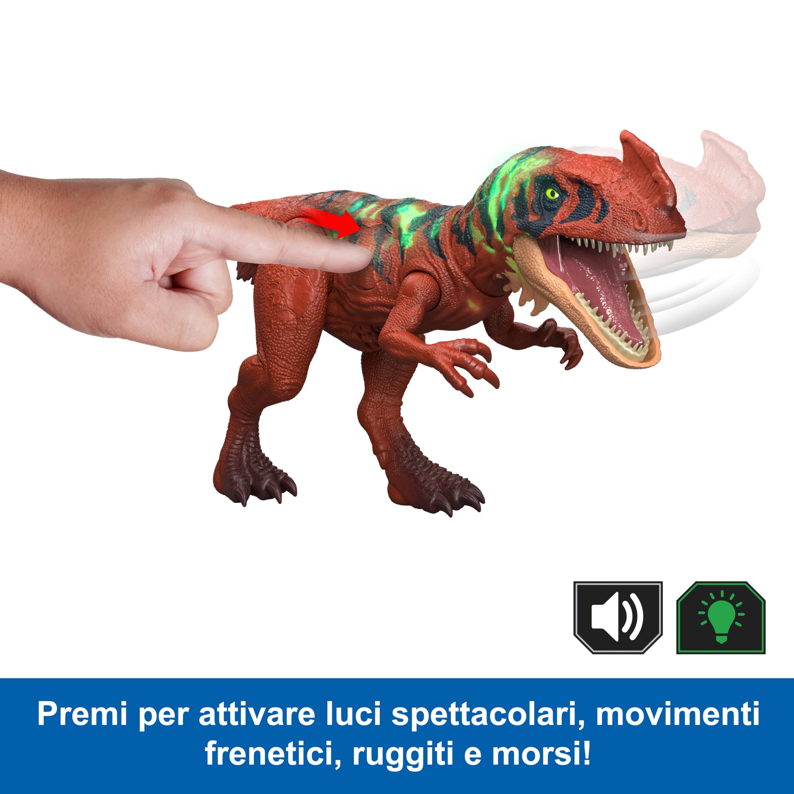 Mattel Jurassic World - Afrovenator Ruggito Selvaggio, dinosauro snodabile con mandibola multidirezionale, mossa d'attacco e suoni inclusi, giocattolo per bambini, 4+ anni, JKL76