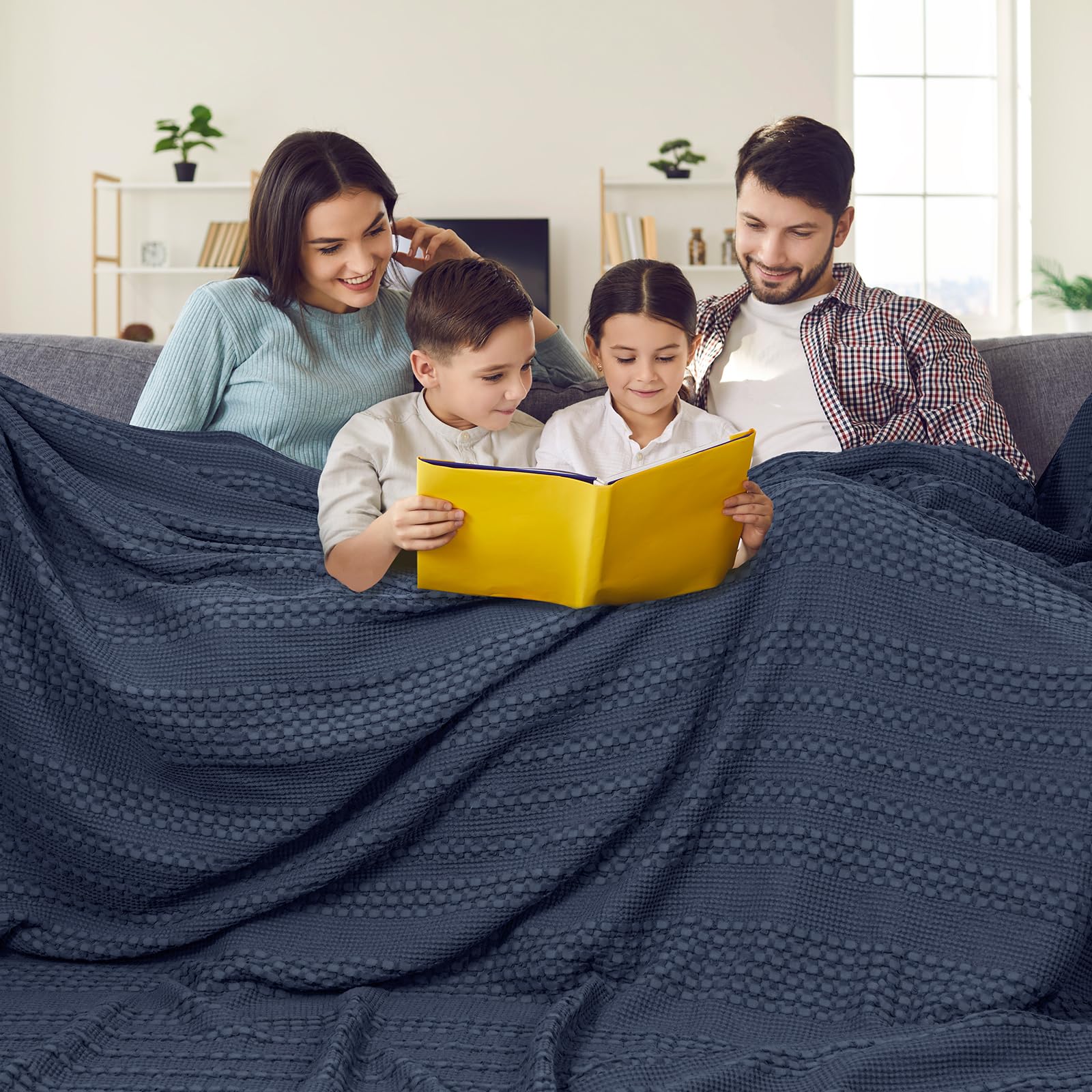 phf 100% cotton waffle blanket oversized king 120"x120", lightweight breathable extra large 10'x10' blankets for bed, giant big luxury aesthetic woven bedding for home decor, indigo