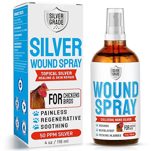 SILVER GRADE Wound Spray for Chicken from Birds & Chicken Antibiotics Alternative to Help with Pecking Sores, Bumblefoot, Cuts – Poultry Spray with Silver – GMOs Free – 4-Oz Bottle