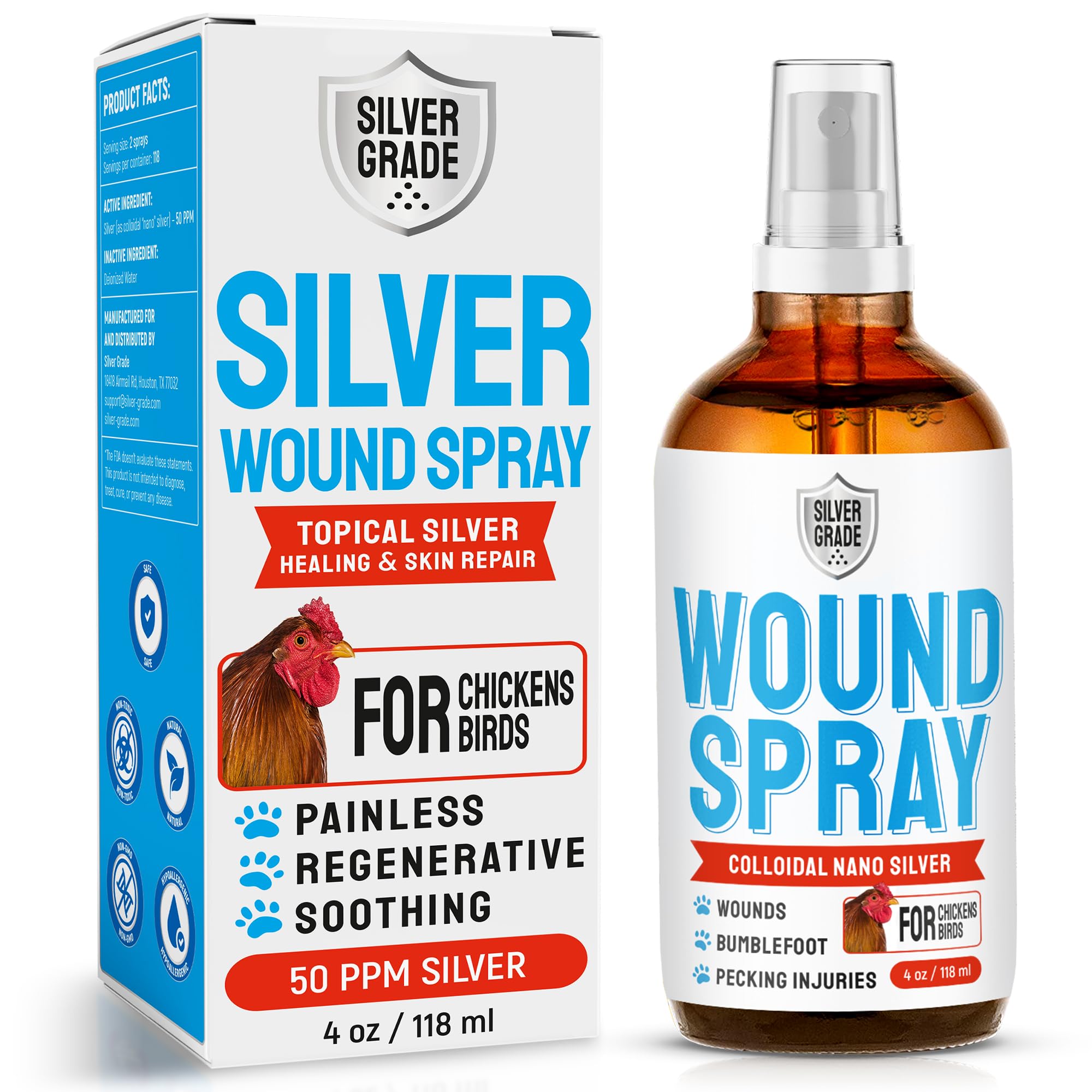 SILVER GRADE Wound Spray for Chicken – Birds & Chicken Antibiotics Alternative to Help with Pecking Sores, Bumblefoot, Cuts – Poultry Spray with Silver – GMOs Free – 4-Oz Bottle