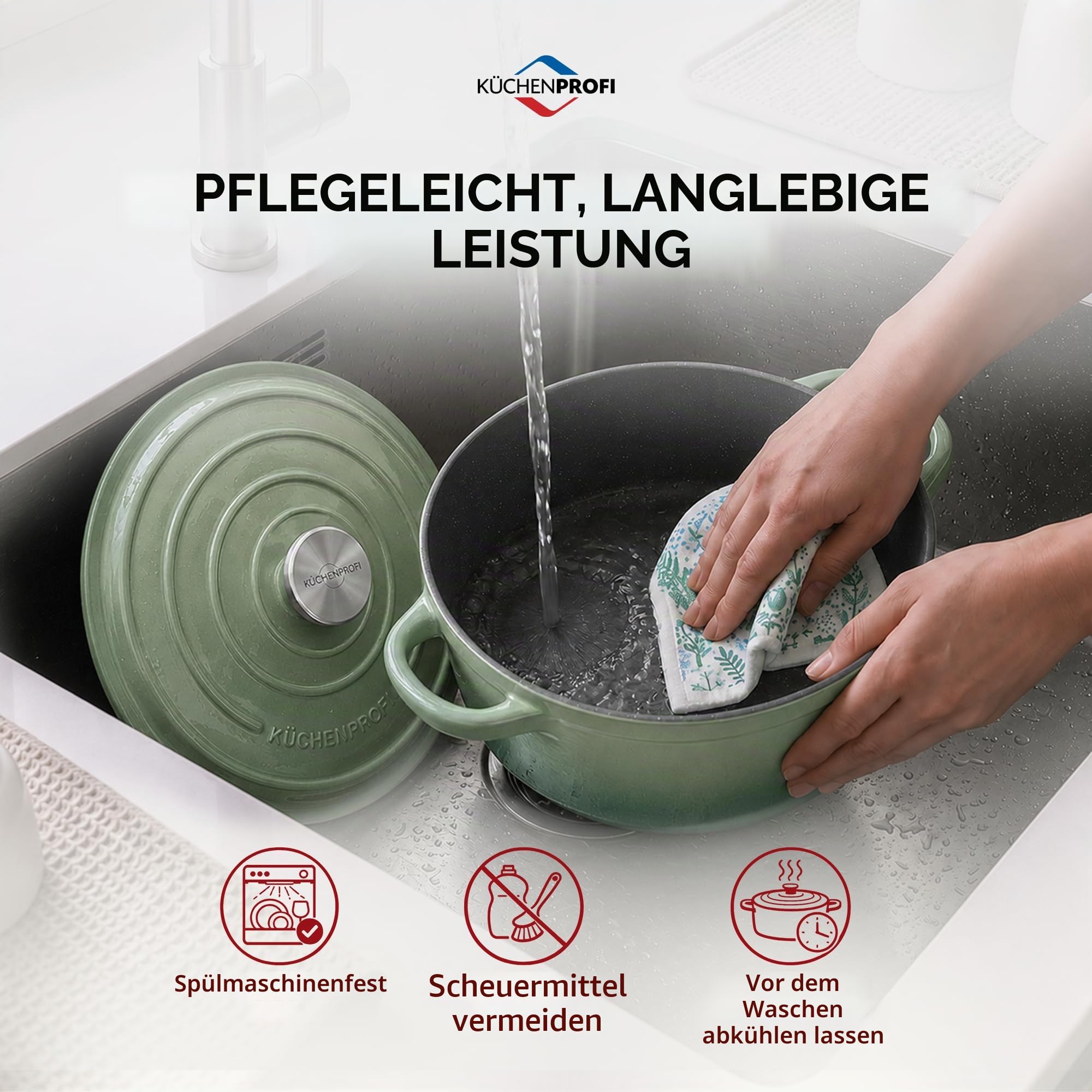 KÜCHENPROFI Gusseisen-Bräter mit Deckel, emailliert, 24 cm, Jade | Runder Gusseisen-Bräter mit Energieeffizienz, optimaler Wärmespeicherung, Edelstahlknopf, für alle Herdarten geeignet