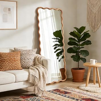 WallBeyond 24"x65" Full Length Mirror with Wood Frame, Natural Wood Wavy Mirror, Decorative Floor or Wall Mounted Mirror for Bedroom, Living Room, Entryway and Dressing Room