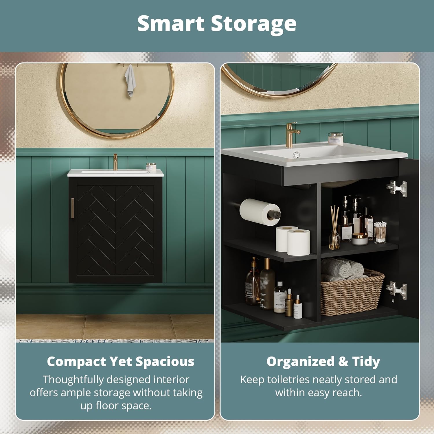 Virubi 20 Inch Wall Mounted Bathroom Vanity with Ceramic Sink, Floating Vanity Cabinet with Open Side Shelves and Built-in Paper Holder, Single Door Storage for Small Bathroom