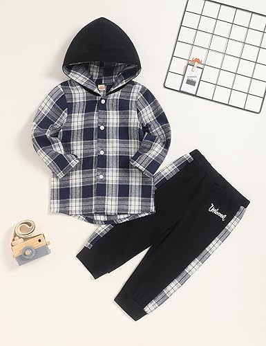 Miniatura 2 de Fuermos Ropa para niños pequeños, conjunto de camisa de botones de franela con malla y capucha + pantalones para niños, conjuntos de otoño e invierno