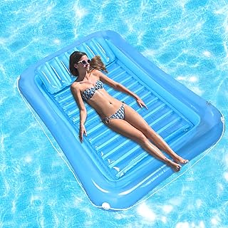 GOLDGE Inflatable Swimming Lounger Pool, 71 x 47 Inch Inflatable Tanning Pool Adult Lilo Water Floating Hammock Inflatable Lounger Lilo with Pillow Drink Holder Fixing Rope Summer Swimming Pool Lilo