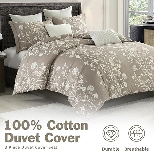 Miniatura 2 de EWlinens Funda de edredón floral tamaño King, funda de ropa de cama con ramas color marrón topo, juego de ropa de cama de algodón de 3 piezas