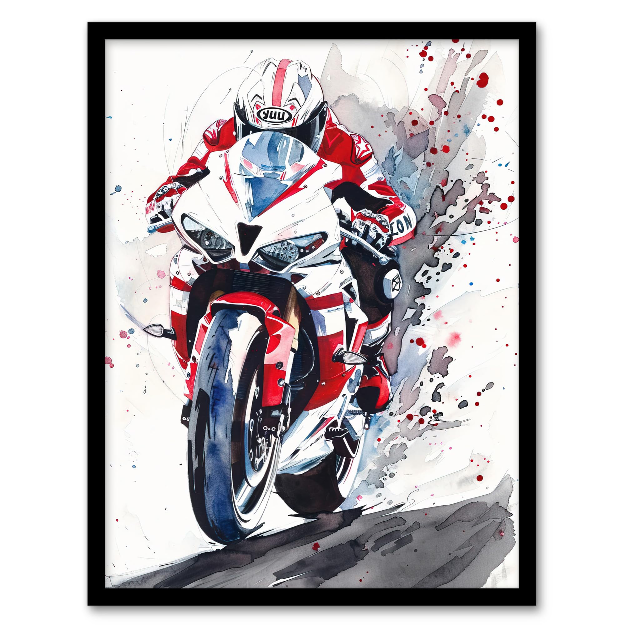 Artery8 Superbike Motorcycle Rider Race Sport Watercolour Man Cave Artwork Framed Wall Art Print A4