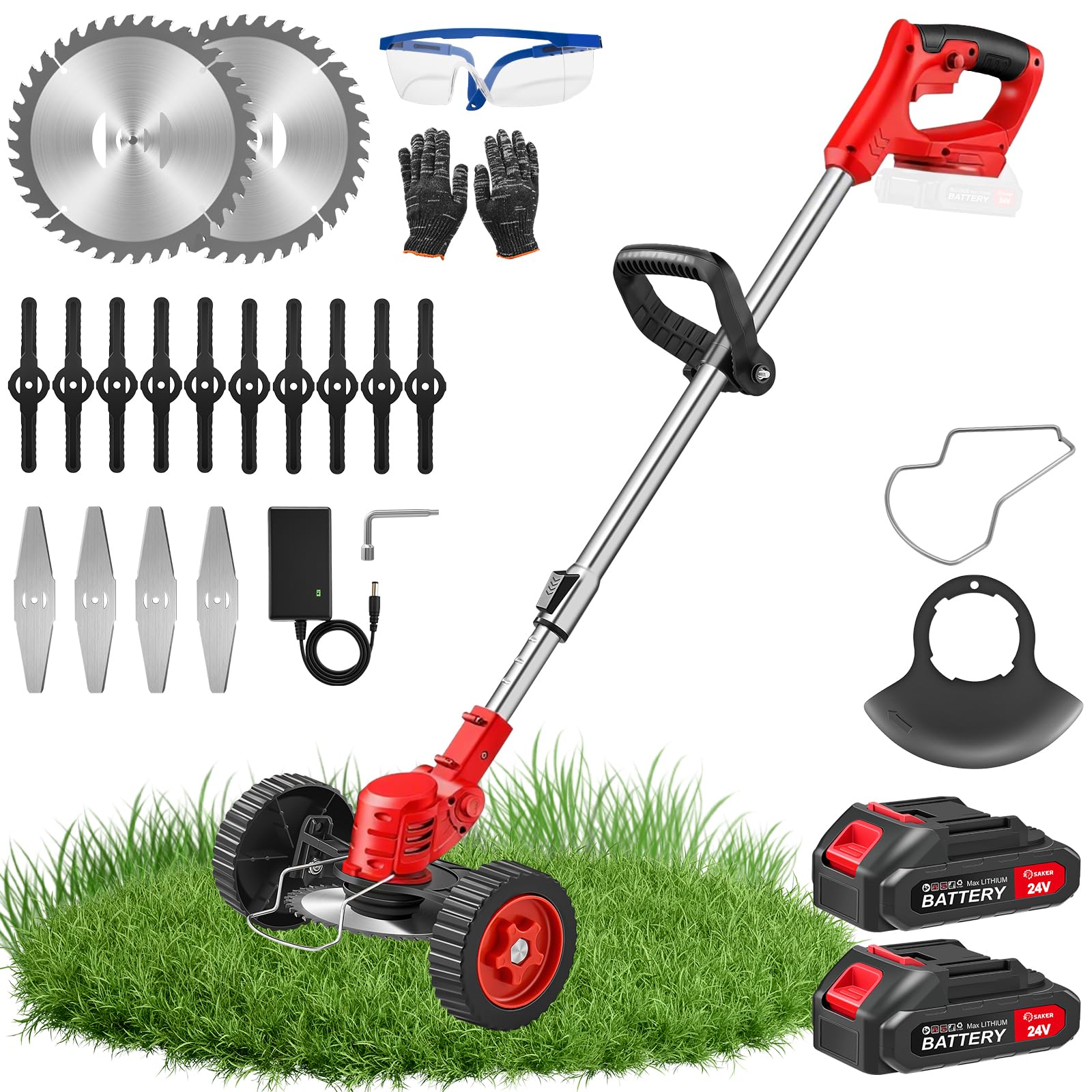 Photo 1 of ***PARTS ONLY***NON FUNCTIONAL***SakerPlus 24V Cordless Weed Wacker, 3-in-1 Electric Grass Trimmer & Brush Cutter with 2 Batteries, Lightweight Weed Eater Lawn Mower Edger with Wheels and 3 Blade Types for Yard, Lawn & Garden Care