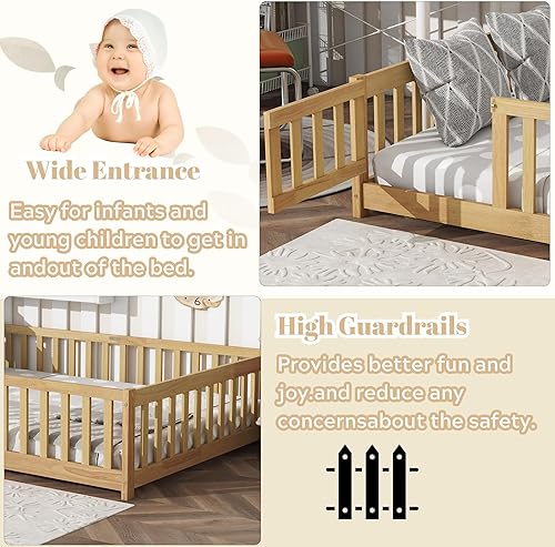 Miniatura 28 de Harper & Bright Designs Cama de suelo tamaño Queen con valla y puerta, marco de cama Montessori de madera para niños, niñas, listones incluidos, no