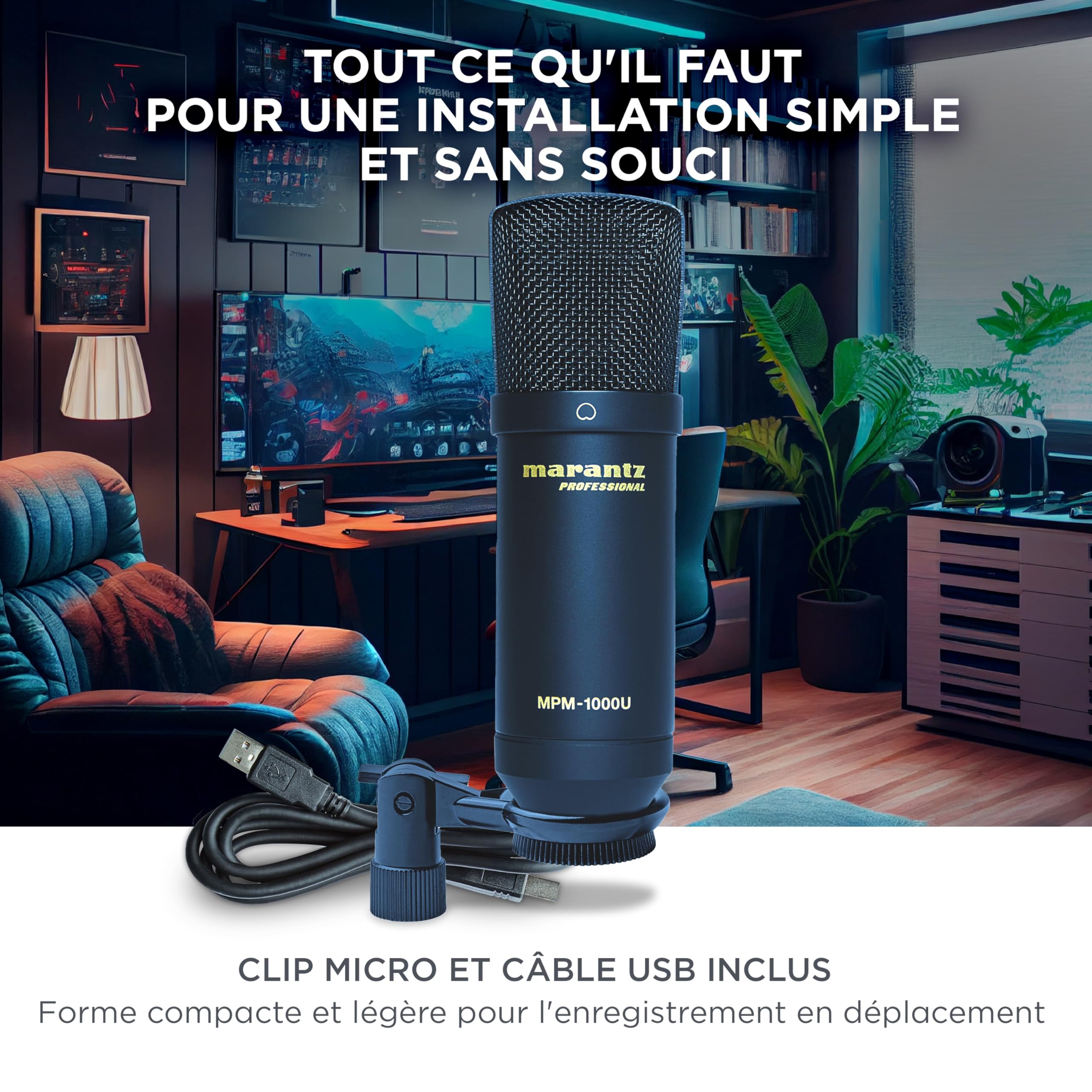 Marantz Professional MPM1000U Microphone à Condensateur USB pour Gaming, Streaming et Podcasting - Interface Audio Intégrée, Support Bureau, Plug-and-Play, Noir | Plug and Play USB, compatible PC et Mac, pour chat vocal, création de contenu, jeux, streami