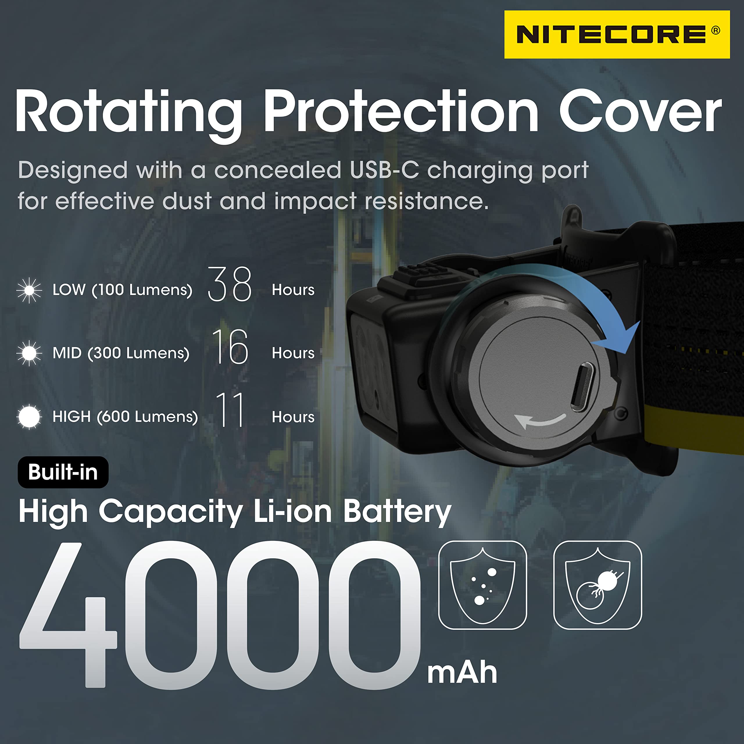 Nitecore NU50 Lampe frontale légère 1400 lumens avec batterie 4000 mAh rechargeable USB-C