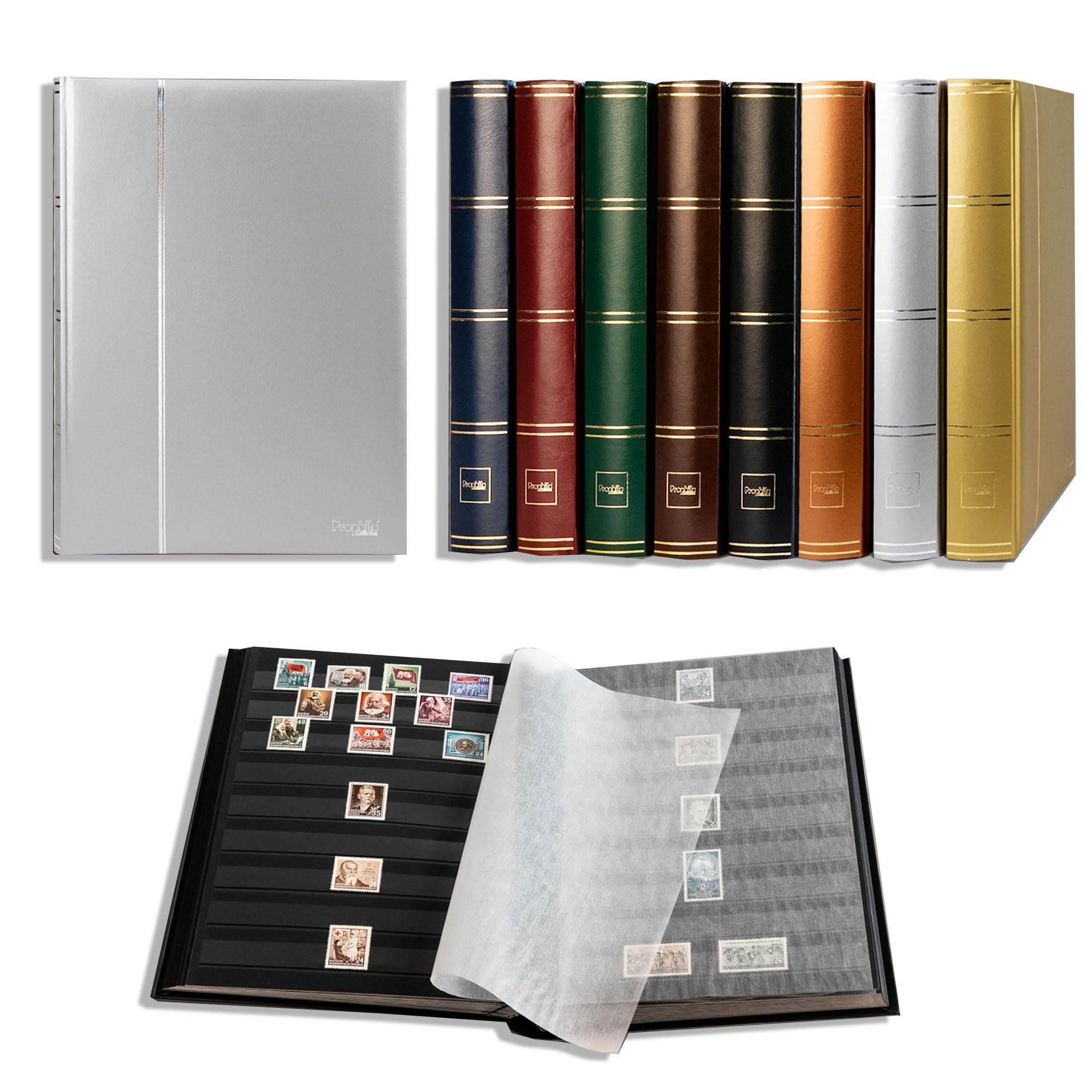 Prophila Collection Silver Prophila Metallic Edition Stamp Album (New) 60 Black Sides, Padded Cover